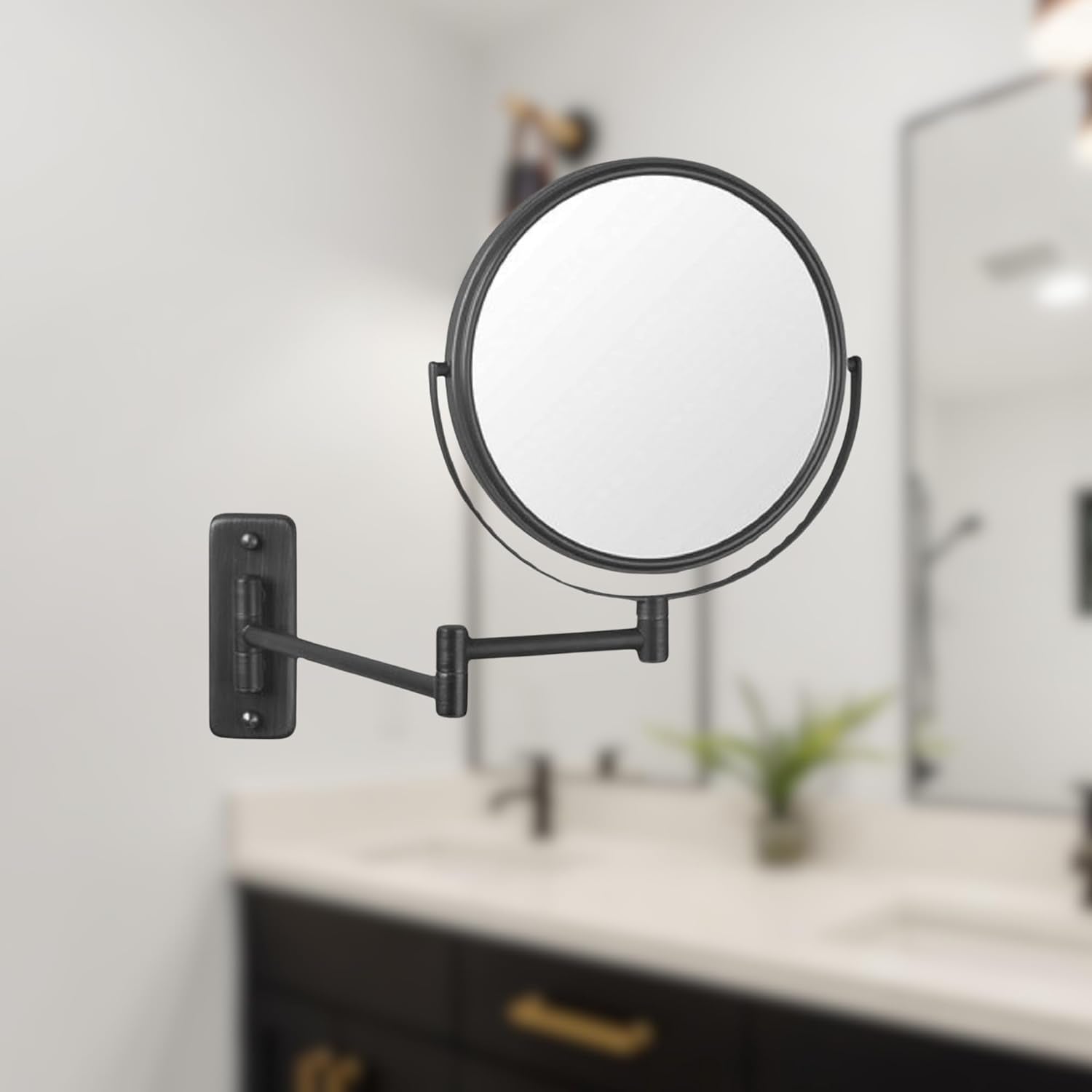 Two-Sided Wall Mounted Black Makeup Mirror - 5X-1X Magnification - 8” Diameter Mirror Extends 13.5” - Model JP7506BK