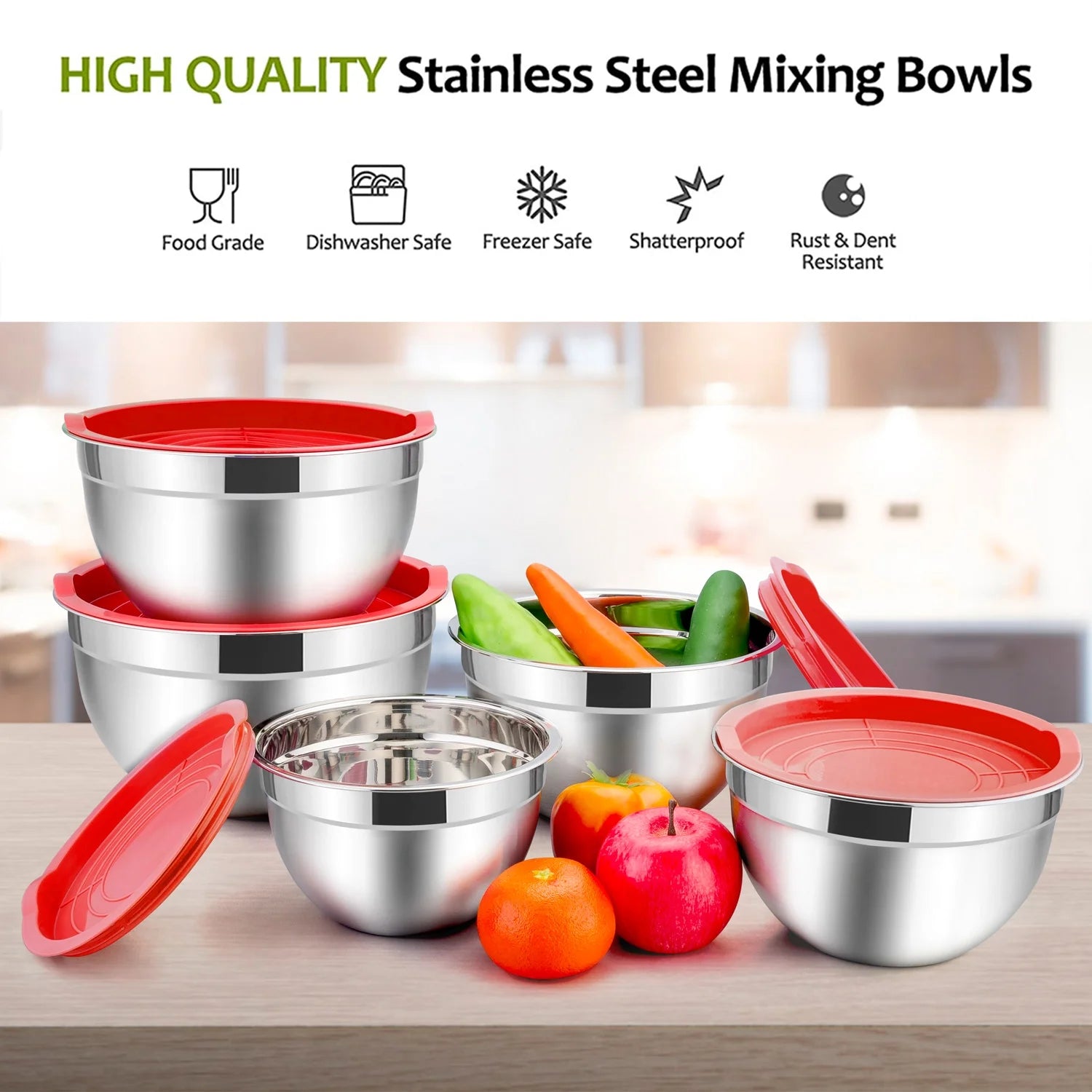 Mixing Bowls with Lids Set of 5,  Stainless Steel Mixing Bowls Metal Nesting Salad Bowls, Size 4.5, 3, 1.5, 1, 0.7 QT Great for Cooking, Baking, Serving - Red