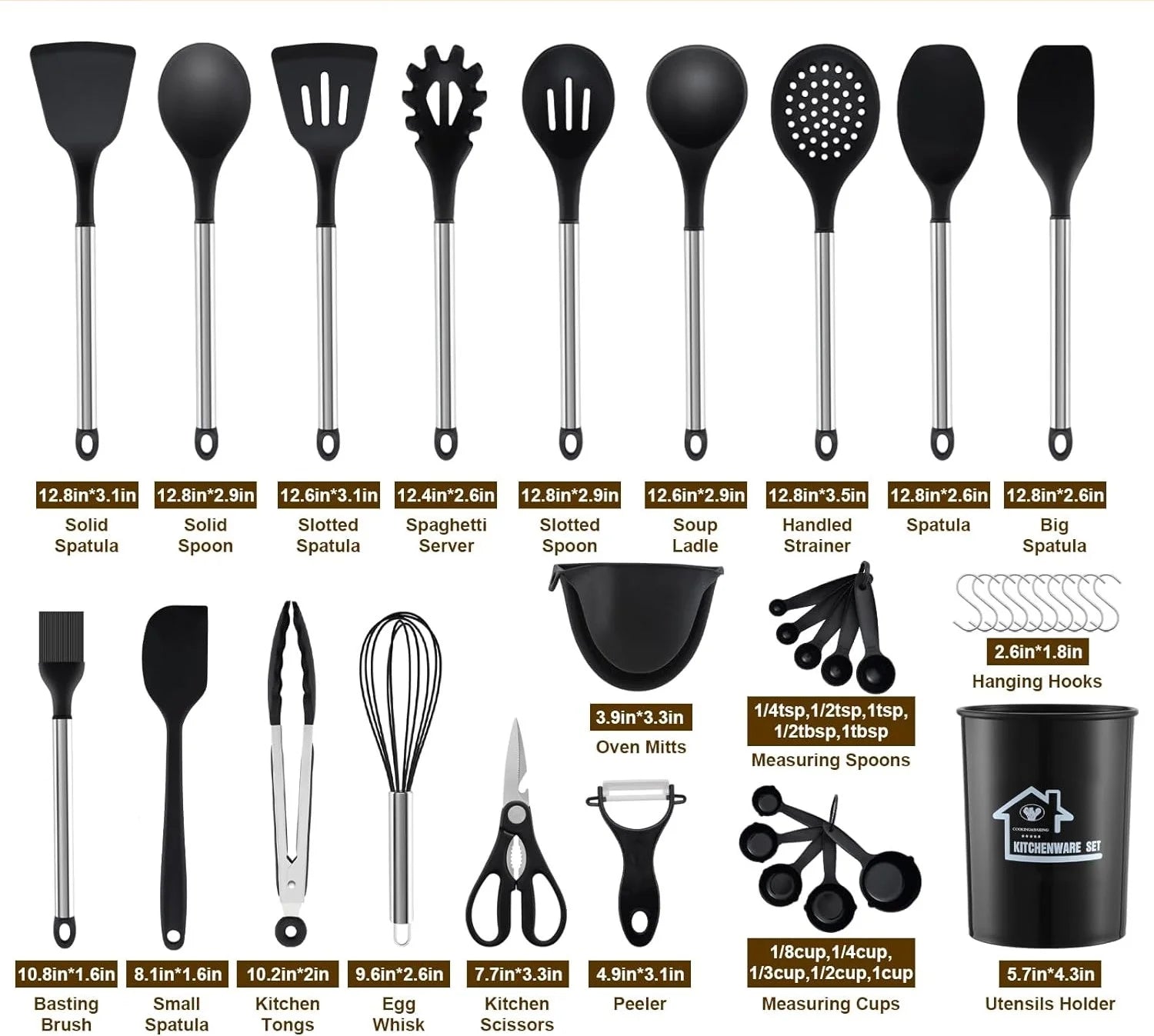 Silicone Cooking Utensils Set, 21 Pcs Safe Food-Grade Kitchen Utensils Set with Holder, Bpa-Free, Non-Stick Heat Resistant Silicone Cookware with Stainless Steel Handle, Black