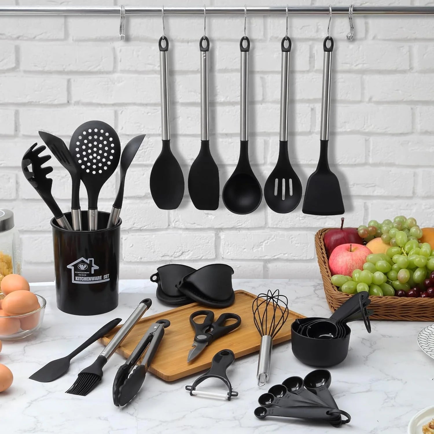 Silicone Cooking Utensils Set, 21 Pcs Safe Food-Grade Kitchen Utensils Set with Holder, Bpa-Free, Non-Stick Heat Resistant Silicone Cookware with Stainless Steel Handle, Black