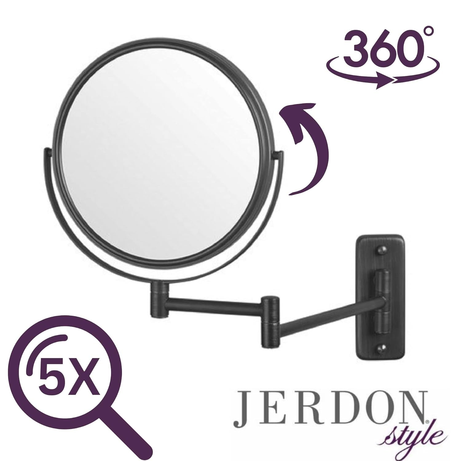 Two-Sided Wall Mounted Black Makeup Mirror - 5X-1X Magnification - 8” Diameter Mirror Extends 13.5” - Model JP7506BK