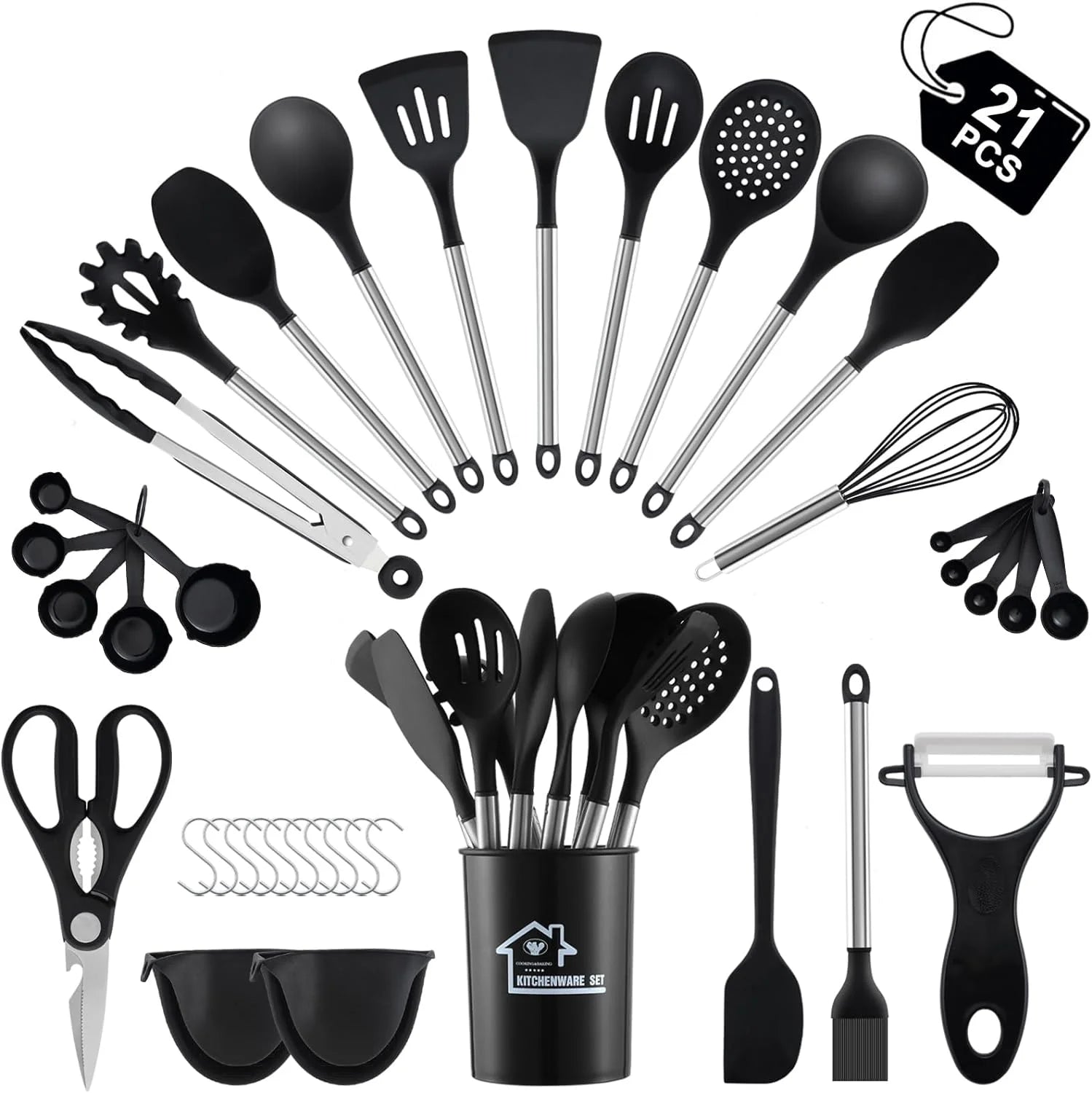 Silicone Cooking Utensils Set, 21 Pcs Safe Food-Grade Kitchen Utensils Set with Holder, Bpa-Free, Non-Stick Heat Resistant Silicone Cookware with Stainless Steel Handle, Black