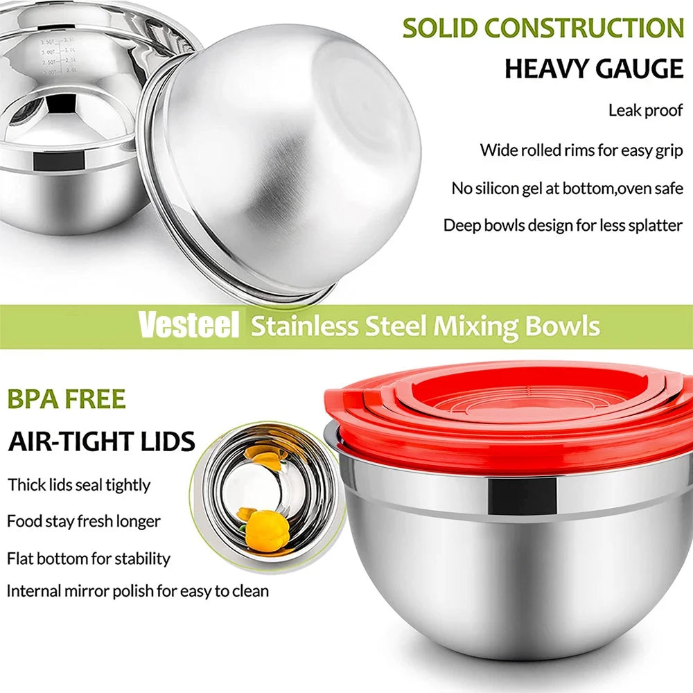 Mixing Bowls with Lids Set of 5,  Stainless Steel Mixing Bowls Metal Nesting Salad Bowls, Size 4.5, 3, 1.5, 1, 0.7 QT Great for Cooking, Baking, Serving - Red