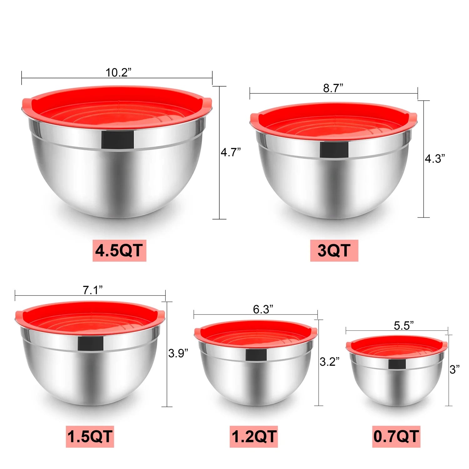 Mixing Bowls with Lids Set of 5,  Stainless Steel Mixing Bowls Metal Nesting Salad Bowls, Size 4.5, 3, 1.5, 1, 0.7 QT Great for Cooking, Baking, Serving - Red