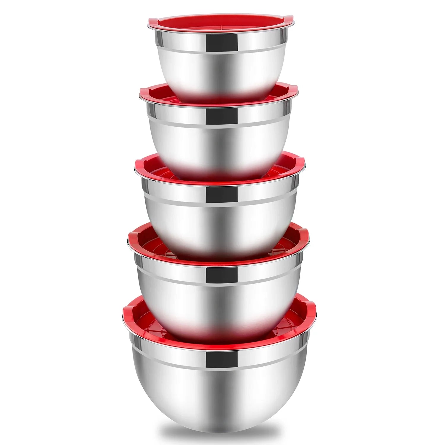 Mixing Bowls with Lids Set of 5,  Stainless Steel Mixing Bowls Metal Nesting Salad Bowls, Size 4.5, 3, 1.5, 1, 0.7 QT Great for Cooking, Baking, Serving - Red